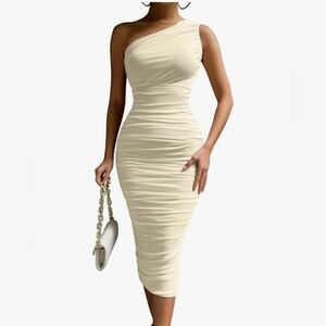 LAGSHIAN Bodycon One Shoulder Sleeveless Ruched Midi Dress #1022 NWOT